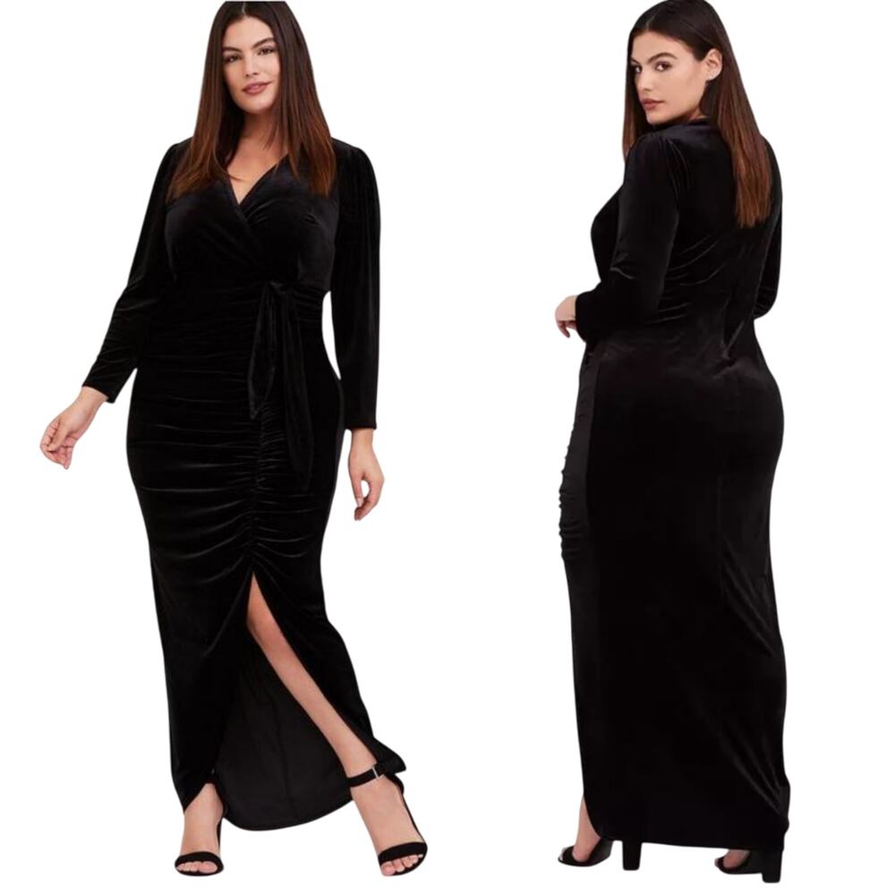 Torrid Velvet High Slit Maxi Dress Ruched Tie Waist Stretchy Gown Black NEW 24W